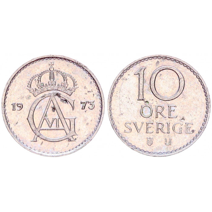 Швеция 10 Эре 1973 год KM# 835 63-ий Король Густав VI