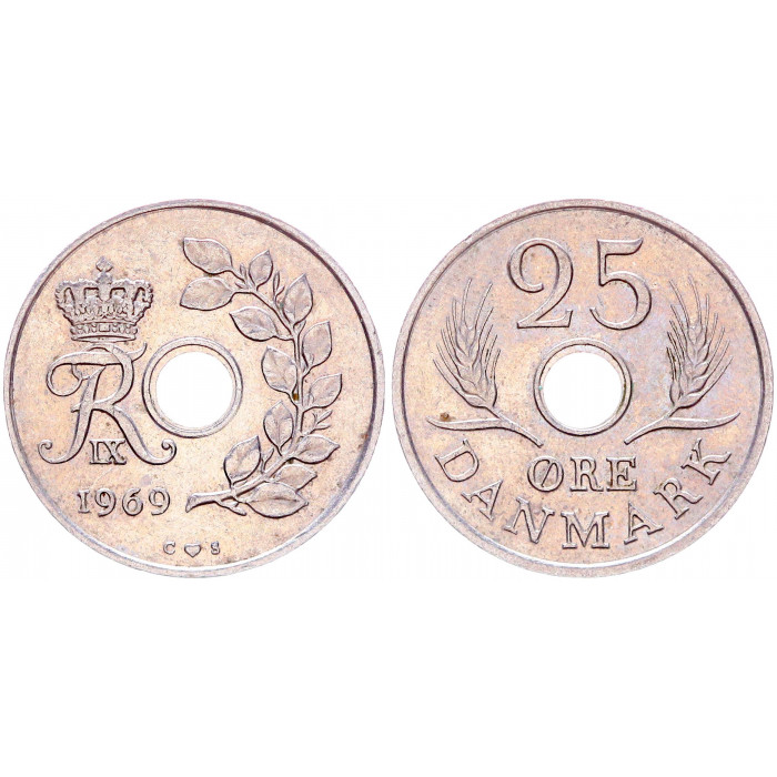 Дания 25 Эре 1969 год KM# 855.1 Фредерик IX