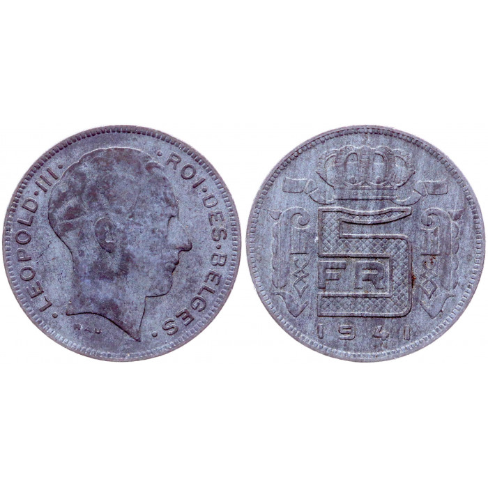 Бельгия 5 Франков 1941 год КМ# 129.1 BELGES 4-ый Король Леопольд III