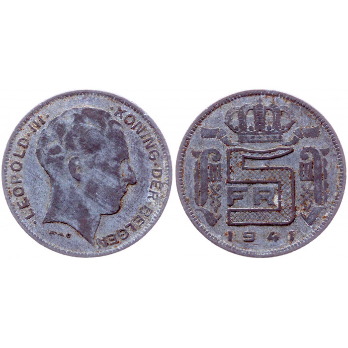 Бельгия 5 Франков 1941 год КМ# 130 BELGEN 4-ый Король Леопольд III