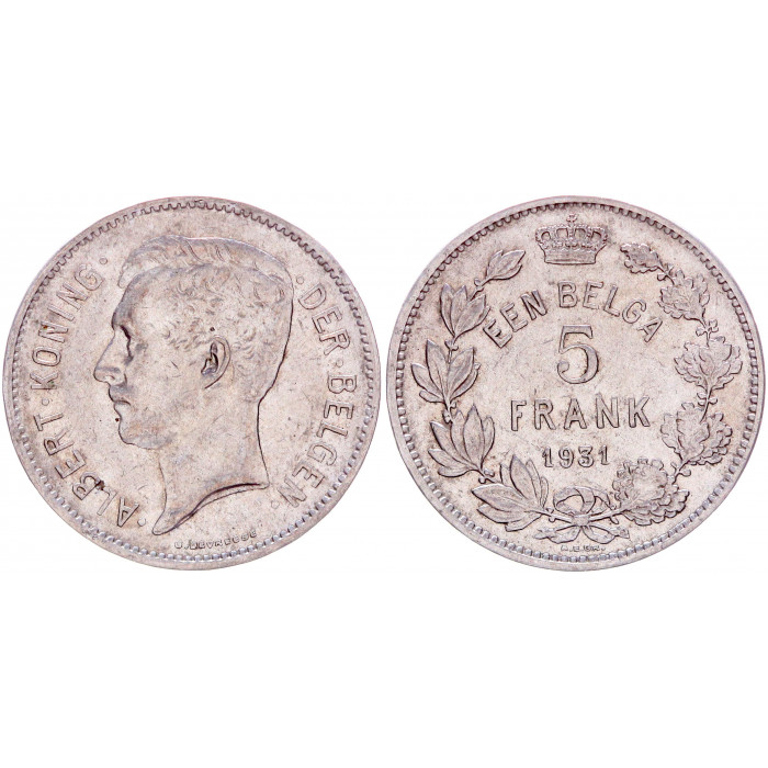 Бельгия 5 Франков 1931 год КМ# 98 3-ий Король Альберт I