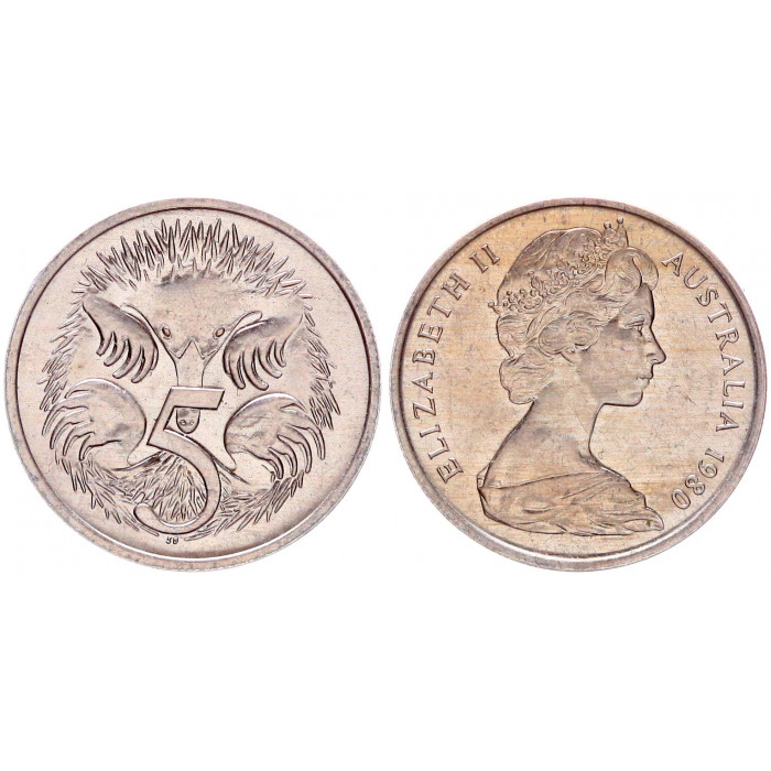 Австралия 5 Центов 1980 год UNC КМ# 64 Ехидна Елизавета II