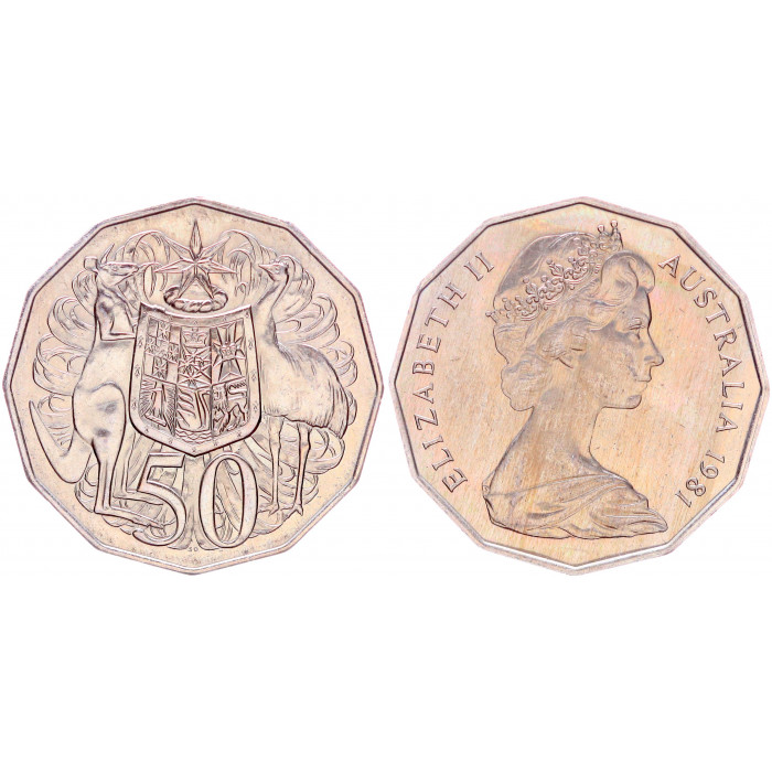 Австралия 50 Центов 1981 год UNC KM# 68 Красный кенгуру и эму Елизавета II