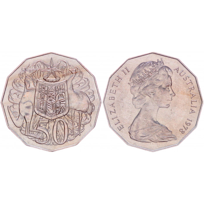 Австралия 50 Центов 1978 год UNC KM# 68 Красный кенгуру и эму Елизавета II