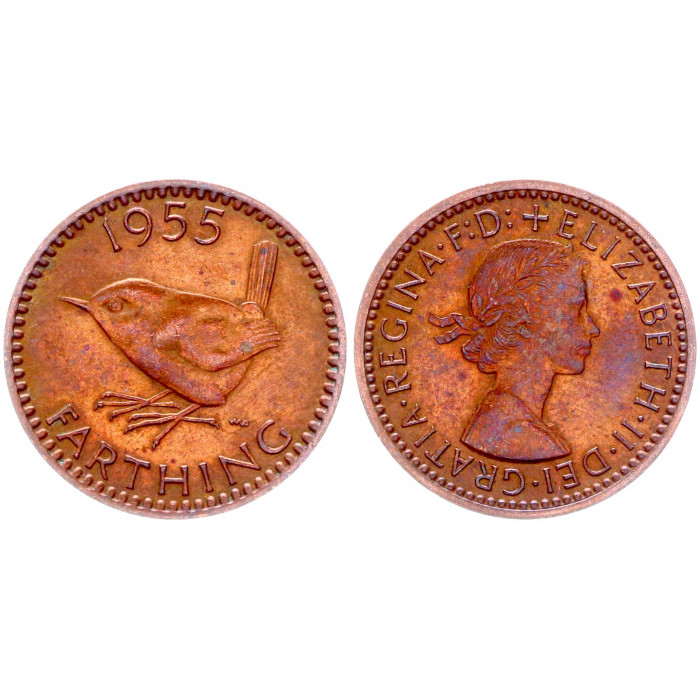 Великобритания 1 Фартинг 1955 год KM# 895 Птица Крапивник Елизавета II
