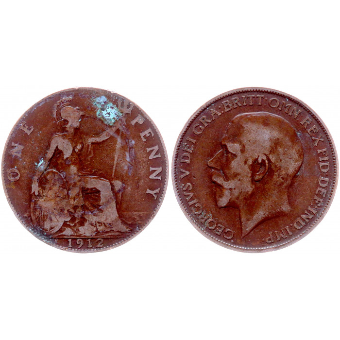 Великобритания 1 Пенни 1912 H год KM# 810 Либертина Британия Георг V