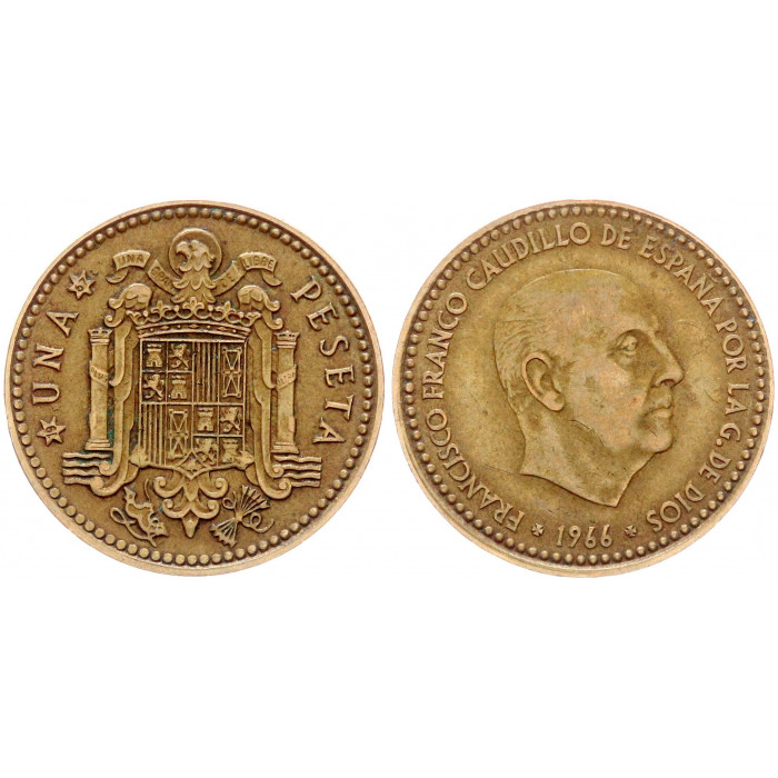 Испания 1 Песета 1966 (1967) год KM# 796 Франсиско Франко (BOX977)