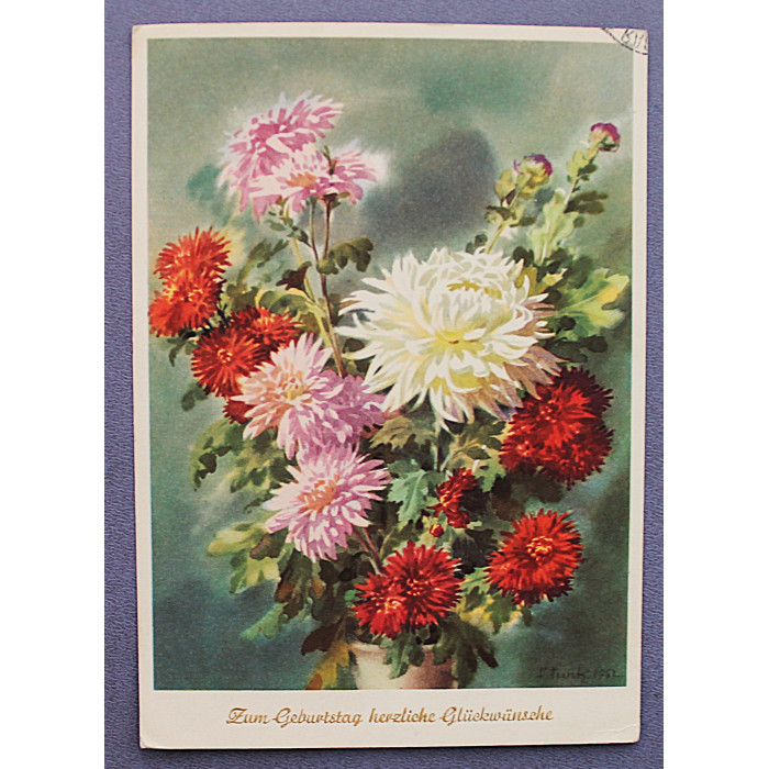 ГДР почтовая открытка "Наилучшие пожелания ко дню рождения". Букет хризантем (1963 год) подписана