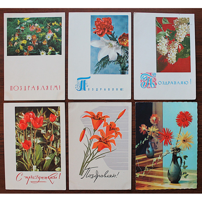 СССР подборка из 6 открыток "ПОЗДРАВЛЯЮ!". Цветы (Мин связи, 1960-е гг.) Подписаны