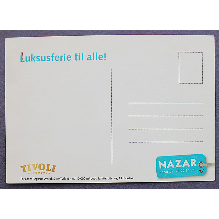 ДАНИЯ почтовая открытка «TIVOLI». Реклама отеля в Сиде (Турция). Роскошный отдых для всех. Новая