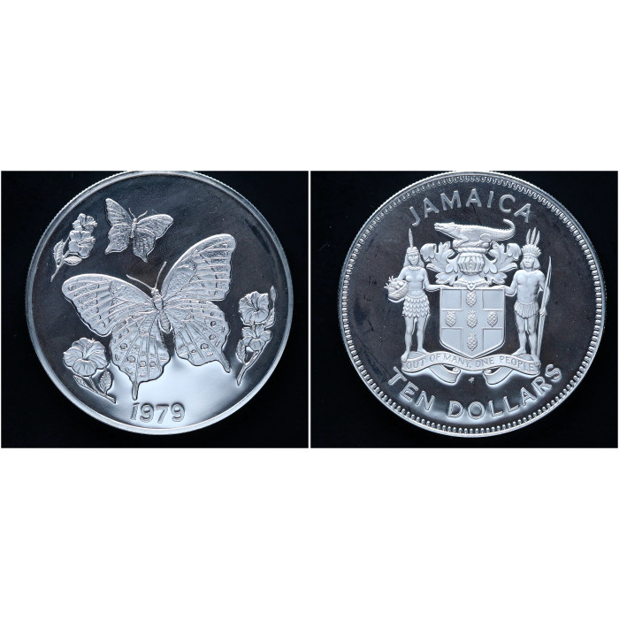 Ямайка 10 Долларов 1979 год. 925 / 42.80 гр. Бабочка. Елизавета II РЕДКАЯ