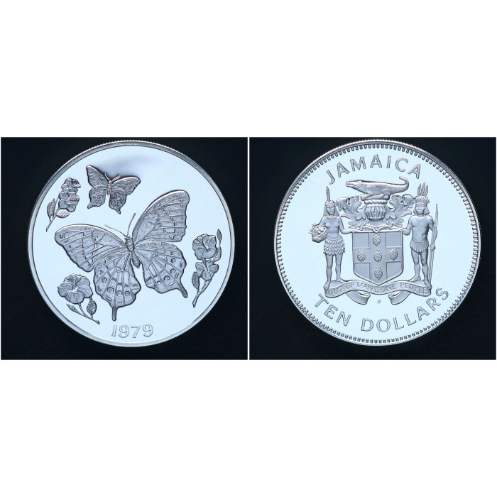 Ямайка 10 Долларов 1979 год. 925 / 42.80 гр. Бабочка. Елизавета II РЕДКАЯ