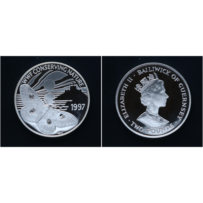 Гернси 2 Фунта 1997 год. Всемирный фонд дикой природы - Павлиноглазки. Бабочка РЕДКАЯ