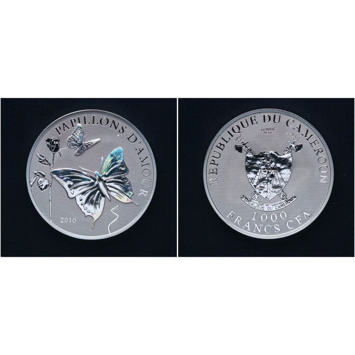 Камерун КФА 1000 Франков 2010 год. Серебро 925. Бабочки любви. Голограмма BUNC