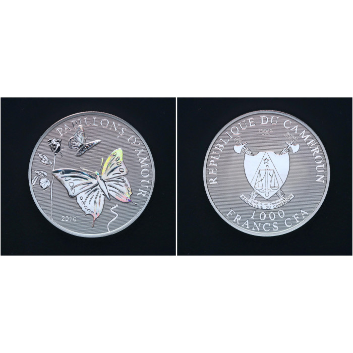 Камерун КФА 1000 Франков 2010 год. Серебро 925. Бабочки любви. Голограмма BUNC