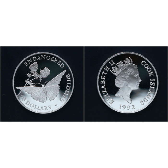 Острова Кука 50 Долларов 1992 год Серебро 925 Вымирающие виды - Бабочка вице-король 