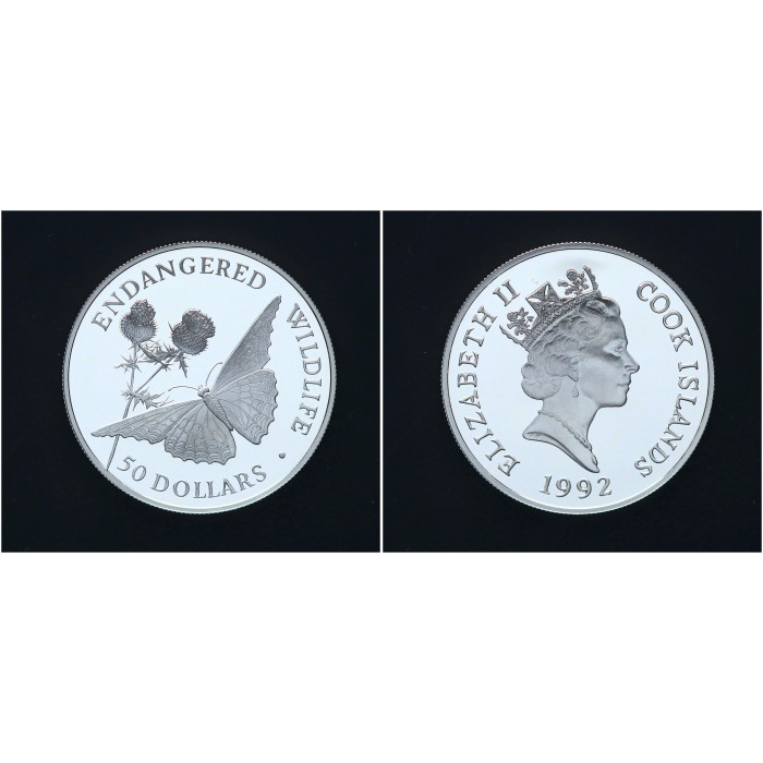 Острова Кука 50 Долларов 1992 год Серебро 925 Вымирающие виды - Бабочка вице-король 