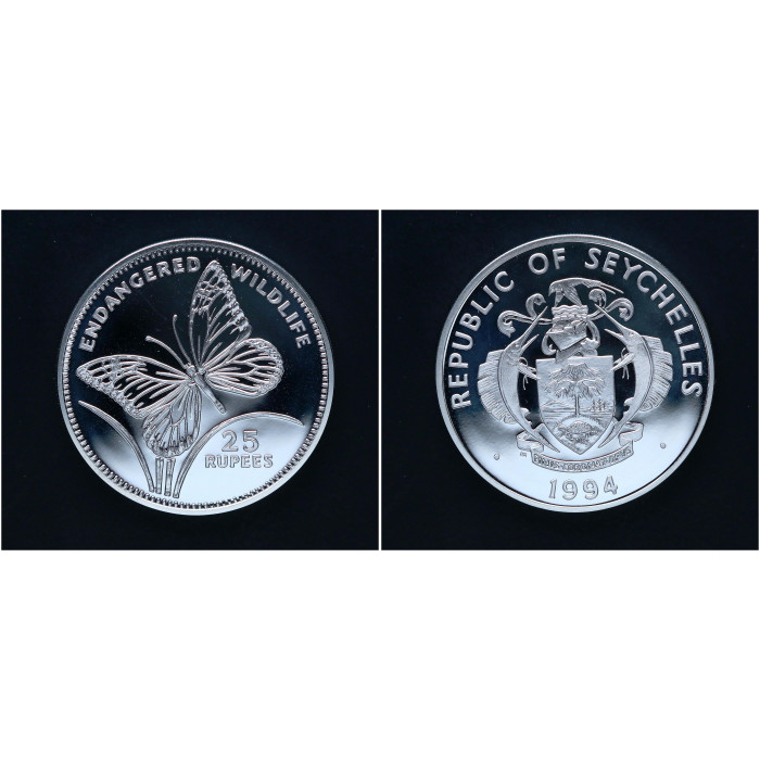 Сейшелы 25 Рупий 1994 год Серебро 925 Вымирающие виды - Данаиды Бабочка 