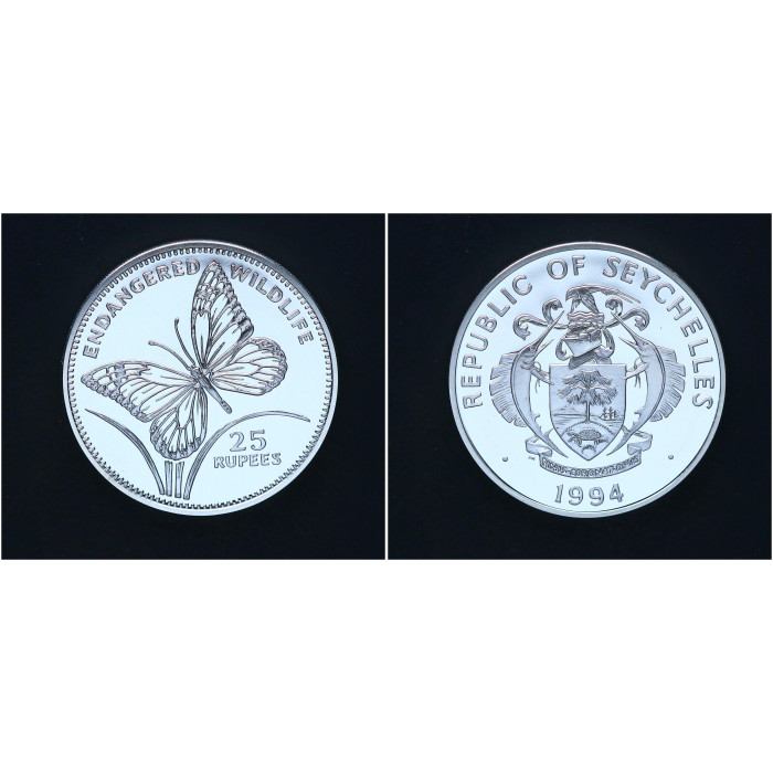 Сейшелы 25 Рупий 1994 год Серебро 925 Вымирающие виды - Данаиды Бабочка 