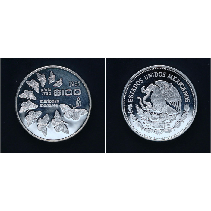 Мексика 100 Песо 1987 год Серебро 720 Фонд дикой природы - Данаида монарх Бабочка
