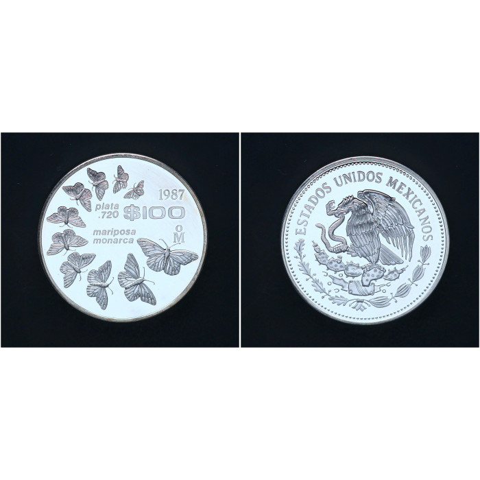 Мексика 100 Песо 1987 год Серебро 720 Фонд дикой природы - Данаида монарх Бабочка