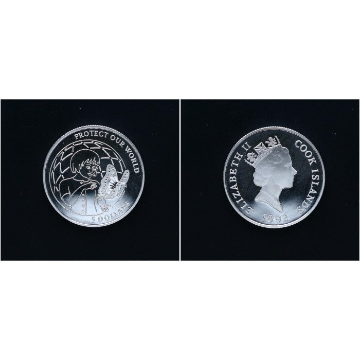 Острова Кука 5 Долларов 1992 год Серебро 500 Защитим наш мир Бабочка