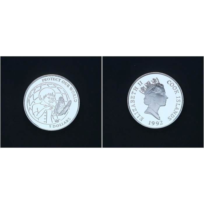 Острова Кука 5 Долларов 1992 год Серебро 500 Защитим наш мир Бабочка