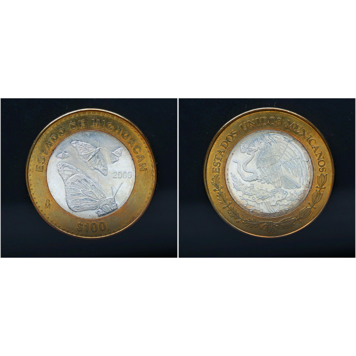 Мексика 100 Песо 2006 год Серебро / Бронза Биметалл Бабочка Мичоакан