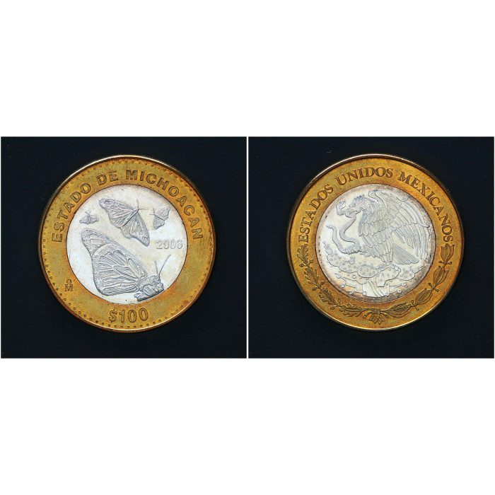 Мексика 100 Песо 2006 год Серебро / Бронза Биметалл Бабочка Мичоакан