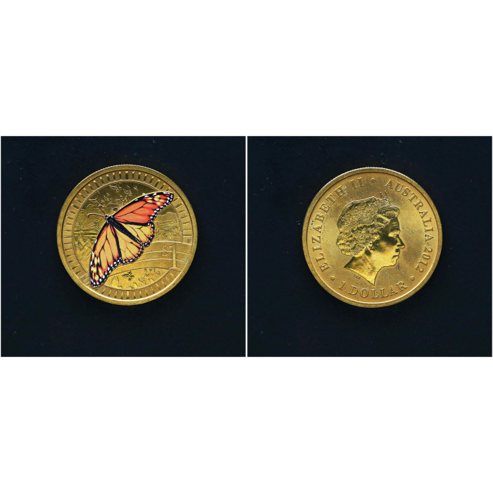 Австралия 1 Доллар 2012 год. Бабочка данаида монарх. Животные-спортсмены Цветная. Елизавета II 