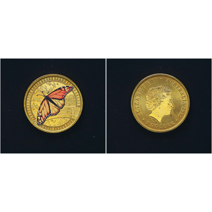 Австралия 1 Доллар 2012 год. Бабочка данаида монарх. Животные-спортсмены Цветная. Елизавета II 
