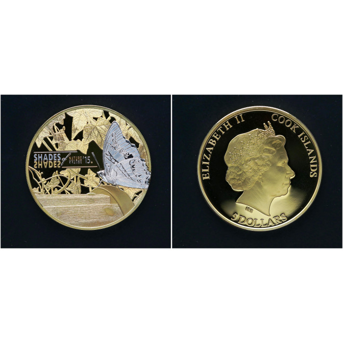 Острова Кука 5 долларов 2015 год. Ag-925 / 25 гр. Оттенки природы. Бабочка. Позолота. Пруф/Proof Тираж-2000