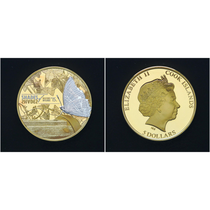 Острова Кука 5 долларов 2015 год. Ag-925 / 25 гр. Оттенки природы. Бабочка. Позолота. Пруф/Proof Тираж-2000
