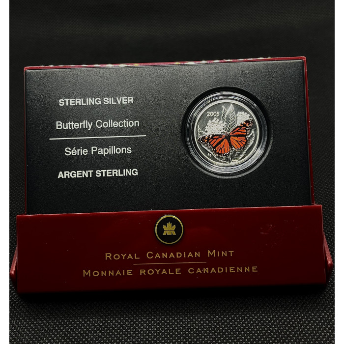 Канада 50 Центов 2005 год. Ag-925 / 9.3 гр. Бабочка-монарх. Флора фауна.  Цветная Пруф / Proof