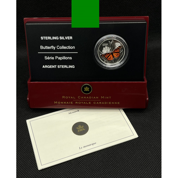 Канада 50 Центов 2005 год. Ag-925 / 9.3 гр. Бабочка-монарх. Флора фауна.  Цветная Пруф / Proof