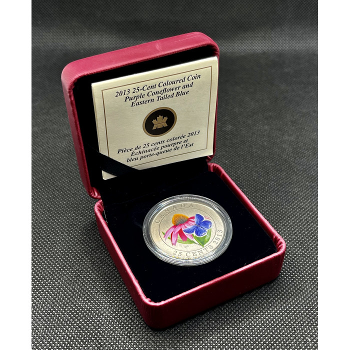 Канада 25 Центов 2013 год. Насекомые на цветах - Эхинацея пурпурная и голубянка восточная. Пруф / Proof