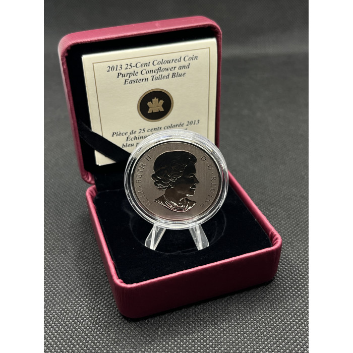 Канада 25 Центов 2013 год. Насекомые на цветах - Эхинацея пурпурная и голубянка восточная. Пруф / Proof