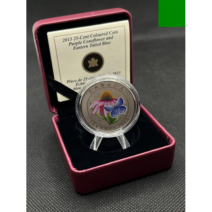Канада 25 Центов 2013 год. Насекомые на цветах - Эхинацея пурпурная и голубянка восточная. Пруф / Proof
