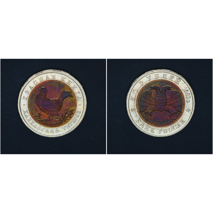 Россия 50 Рублей 1993 ЛМД год Красная книга Кавказский тетерев Биметалл 