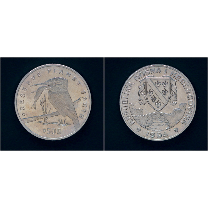 Босния и Герцеговина 500 Динаров 1994 год Заповедник планета-Земля Зимородок 