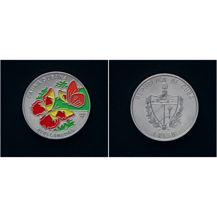 Куба 1 Песо 2001 год Цветная эмаль Бабочки