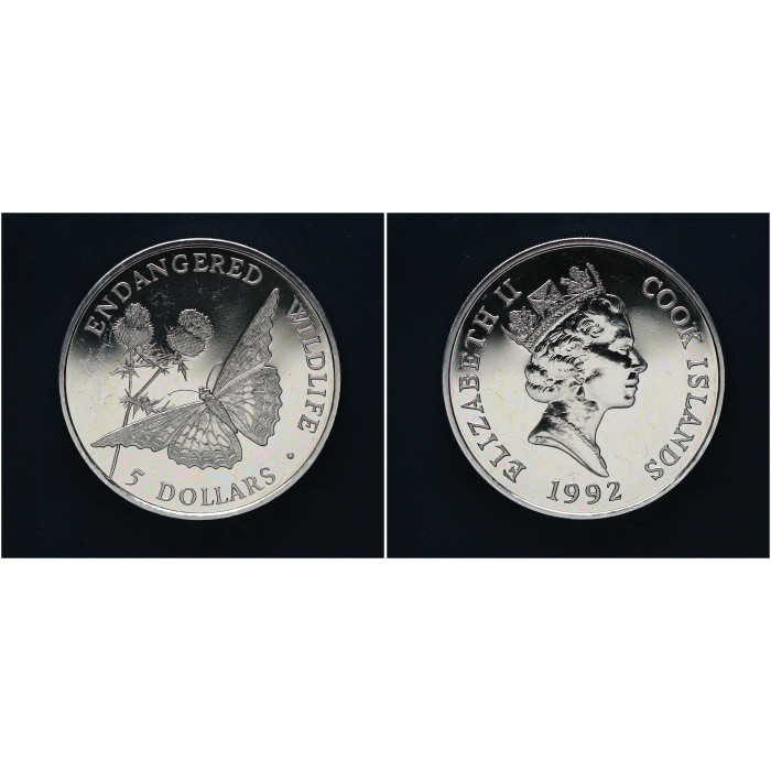 Острова Кука 5 Долларов 1992 год Вымирающие виды - Бабочка Елизавета II BUNC