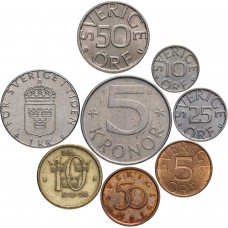 Швеция 5 10 25 50 эре 1 5 10 крон 1976-2016 год Набор из 8 монет