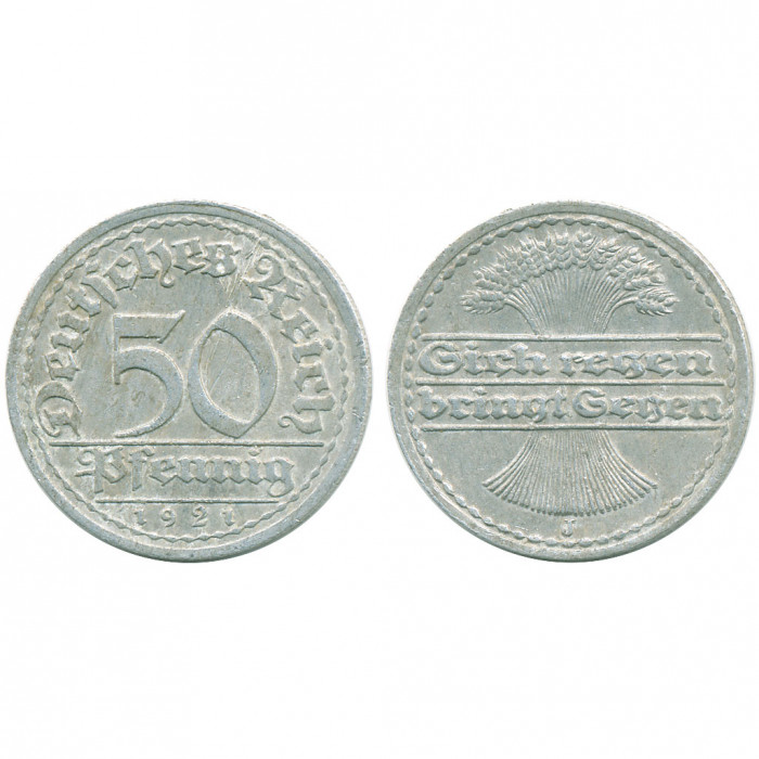 Германия Веймарская Республика 50 Пфеннигов 1921 J год XF KM# 27