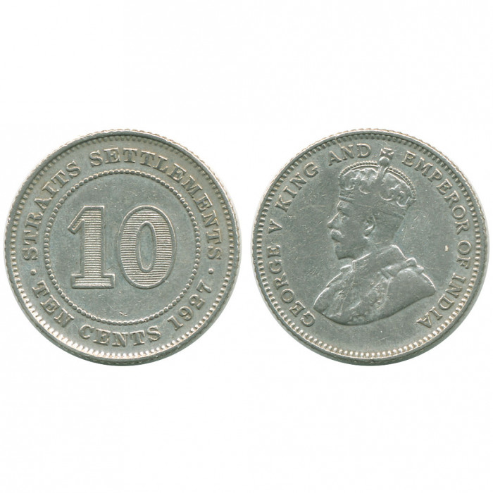 Стрейтс - Сетлментс 10 Центов 1927 год Серебро XF KM# 29b Георг V