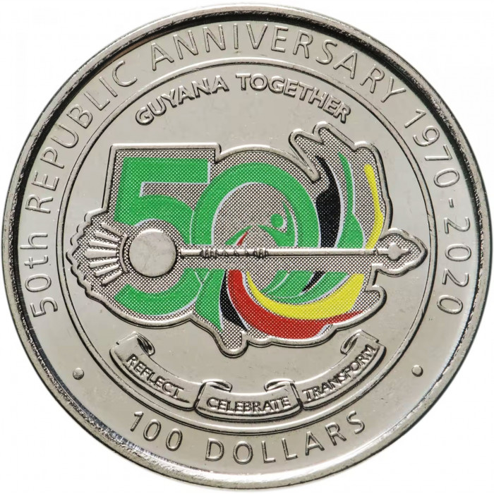 Гайана 100 долларов 2020 год UNC UC# 201 50 лет Кооперативной Республике Гайана