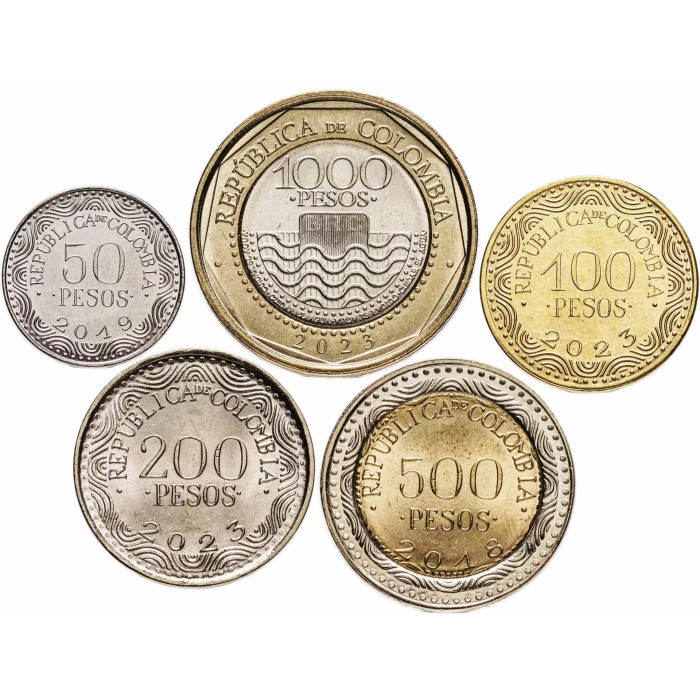 Колумбия 50 100 200 500 1000 песо 2012-2023 год UNC Набор из 5 монет