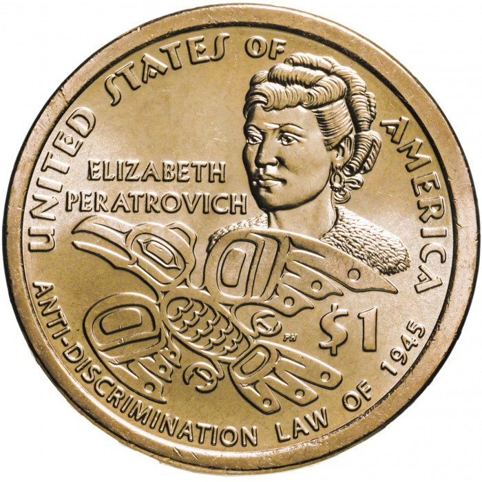 США 1 доллар 2020 D год UNC UC# 117 Элизабет Ператрович, Закон о борьбе с дискриминацией 1945, Сакагавея, Коренные американцы