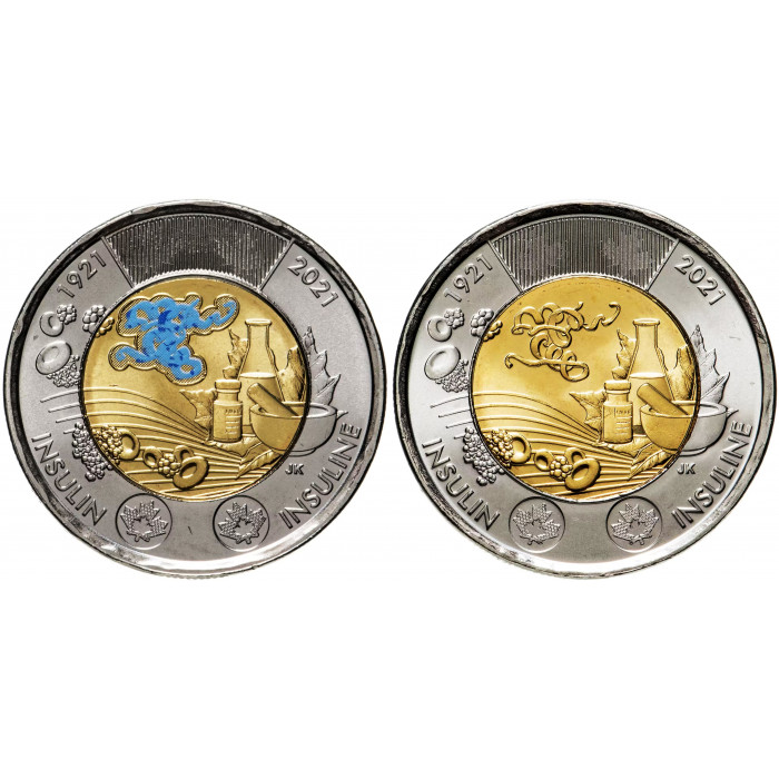 Канада 2 доллара 2021 год UNC 100 лет открытию инсулина набор из 2 монет