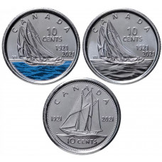 Канада 10 центов 2021 год UNC 100 лет шхуне "Bluenose" Набор из 3 монет